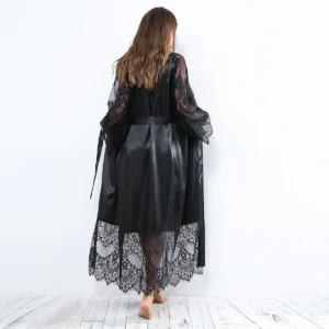 Robe de nuit en satin à manches longues et col en V, nuisette en satin de soie pour femme, lingerie sexy, vêtements de nuit, robe de chambre en dentelle, pyjama