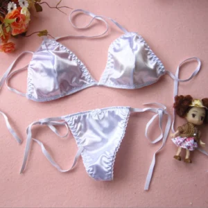 Ensemble de lingerie sexy pour femme en satin de soie, string, soutien-gorge, culotte, haut dos nu lacé, bikini, maillot de bain de plage.