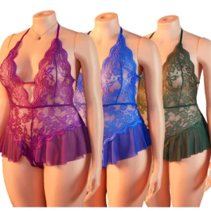 Lingerie sexy grande taille pour femme, nuisette transparente, costume érotique, soutien-gorge ajouré en dentelle, body ouvert à l'entrejambe, pyjama, robe dos nu
