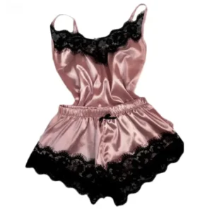 Ensemble pyjama en dentelle et satin pour femme, nuisette, débardeur extensible à bretelles, short, lingerie sexy, pyjama