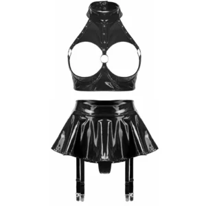 Ensemble de lingerie sexy pour femme, soutien-gorge sexy sans armatures en cuir verni effet mouillé, bonnets ouverts, string intégré à volants, porte-jarretelles et mini-jupe.