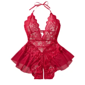 Lingerie rouge transparente grande taille 4XL pour femme, sous-vêtements érotiques, pyjama sexy sans entrejambe, body fétichiste en dentelle ultra-sexy.