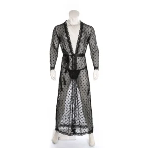 Peignoir sexy en dentelle transparente, robe de chambre pour homme, nuisette longue érotique, peignoir et string transparents.