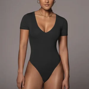 Body uni pour femme, moulant et sexy, manches courtes, col V, automne/hiver, noir, blanc, marron