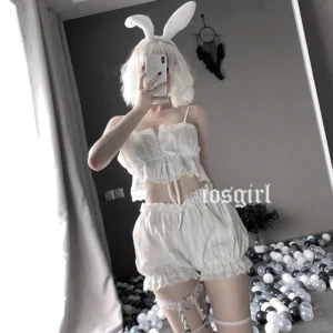 Ensemble de lingerie blanche sexy Lolita, sous-vêtements à volants, culotte, nuisette bondage, combinaison, costume, robe transparente, cosplay Lolita