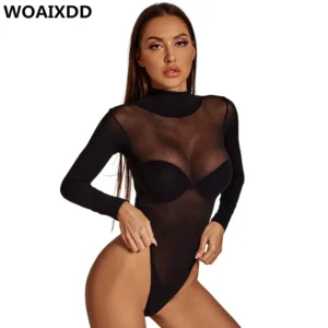 Body à manches longues pour femme, streetwear, dropshipping, sexy, moulant, col montant, transparent, basique, salopette noire, haut, tenue de club