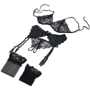 Ensemble de lingerie en dentelle pour femme, 4 pièces : soutien-gorge à bretelles ouvertes, culotte jarretière, soutien-gorge push-up, sous-vêtements érotiques transparents, bas résille.