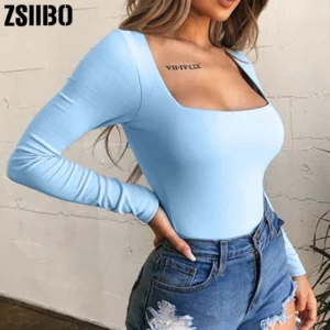 Body à manches longues pour femme, style streetwear, dropshipping Forefair, body sexy moulant à col carré et entrejambe fourreau, salopette noire basique