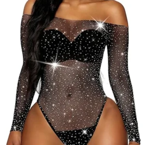 Body en résille noire pour femme, coupe slim, manches longues, sexy, basique, ourlet ajouré, style diamant