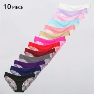 Lingerie sexy grande taille pour femme, sans coutures, culotte bikini en dentelle transparente, sous-vêtements en coton, ensemble de 10 pièces.