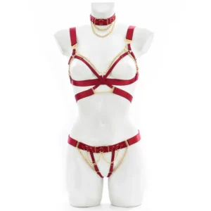 Ensemble harnais sexy rouge pour femme, body élastique, bondage, fétichisme, chaîne de corps, accessoires de lingerie, crop top, harnais ajustable, cage corporelle