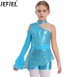 Justaucorps de danse jazz à paillettes scintillantes pour petites filles, body péplum à épaules dénudées, combinaison latine cha-cha, tenue de danse pour mariage, bal de promo et soirée dansante.