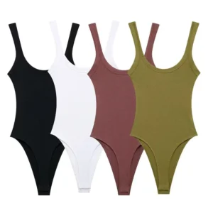 Combinaison moulante côtelée pour femme, col rond, bretelles, fermeture à boutons-pression, sexy et tendance, vêtement extensible et confortable