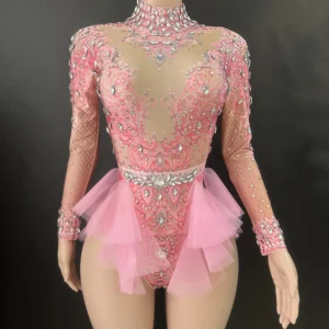 Body femme à strass scintillants, élastique, en maille rose, volants et cristaux, justaucorps, costume de danseuse de boîte de nuit, tenue de scène, tenue de soirée, taille 7G