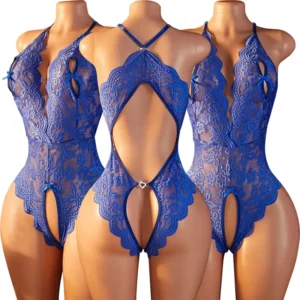 Lingerie sexy bleue sans entrejambe, body en dentelle ajourée, costumes érotiques, soutien-gorge décolleté en V, nuisette, robe babydoll, sous-vêtements porno