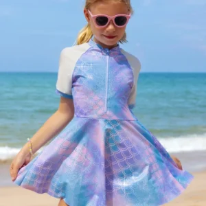 Maillot de bain deux pièces pour filles et enfants, collection 2026, imprimé, manches courtes, fermeture éclair, short de bain, idéal pour la natation.