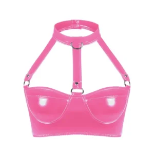 Soutien-gorge rose en cuir PU/PVC pour femme, à boutons exotiques et dos nu, style bralette en latex, hauts fantaisie, costumes, vêtements de nuit, soutien-gorge de scène pour adultes