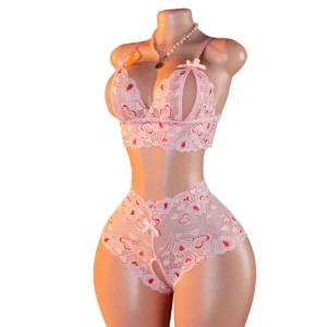 Ensemble de lingerie rose sexy avec imprimé lèvres et cœurs, body nuisette en résille transparente à entrejambe ouverte et string, sous-vêtements érotiques 2 pièces 2025