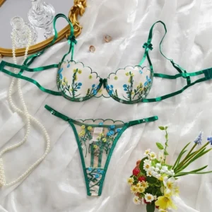 Ensemble de lingerie florale élégante, soutien-gorge et culotte en dentelle brodée sensuelle, 2 pièces, sous-vêtements raffinés et transparents, lingerie érotique et sexy