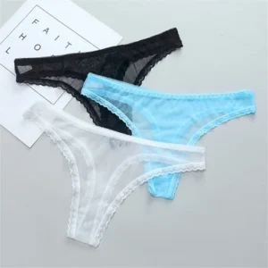 Lingerie sexy, string transparent en dentelle, entrejambe en résille, culotte taille basse sans coutures.