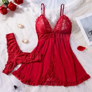 Ensemble de lingerie en dentelle sexy pour femme, nuisette rouge avec culotte assortie, débardeur en dentelle transparente à col en V, nuit romantique