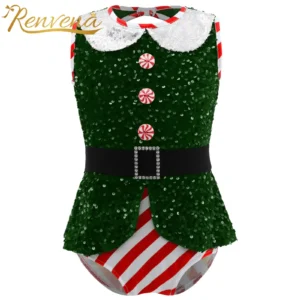 Combinaison à paillettes scintillantes pour filles, body sans manches, déguisement de lutin de Noël, tenue de danse pour enfants, Nouvel An et Noël
