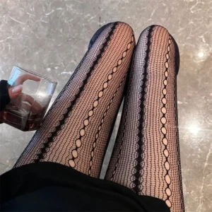 Collants noirs sexy transparents en jacquard style rétro américain, à maille ajourée et chaîne, respirants, en dentelle résille.