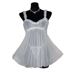 Nuisette blanche sexy, lingerie transparente, sous-vêtements féminins, ensemble nuisette et string sexy, robe de mariée élégante, pyjama, babydoll