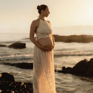 Robe de maternité pour baby shower - Débardeur plissé sexy à jupe et col montant, idéal pour les séances photo de femmes enceintes