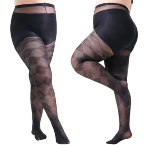 Collants transparents à motif losanges losanges pour femmes grandes tailles, motif géométrique classique, en nylon extensible et soyeux.