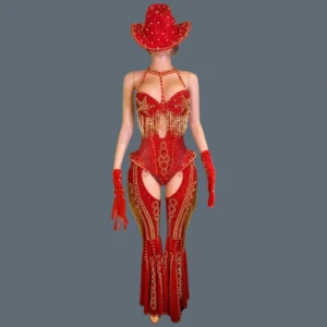 Ensemble 4 pièces pour femme : body rouge à strass scintillants, tenue de soirée en boîte de nuit, spectacle, cabaret, carnaval, showgirl, Hongding