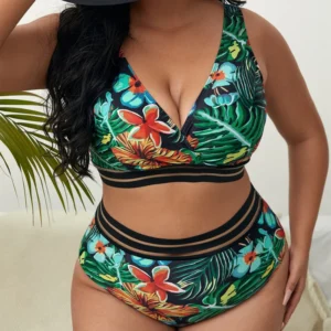 Maillot de bain grande taille imprimé feuilles, ensemble bikini deux pièces taille haute pour femme, maillot de bain