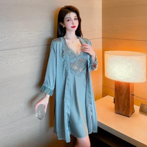 Lingerie de mariée, ensemble de lingerie de détente en dentelle, robe de chambre 2 pièces à col en V avec bretelles, nuisette kimono sexy, peignoir, mini-robe de nuit