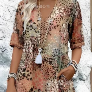 Robe midi vintage pour femme 2025, style bohème, imprimé floral, robe longue ample, manches courtes, col en V.
