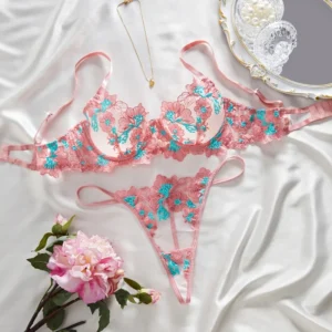 Lingerie rose à fleurs, soutien-gorge et culotte sexy en maille transparente brodée, sous-vêtements féminins Pure Desire Intimates, lingerie transparente