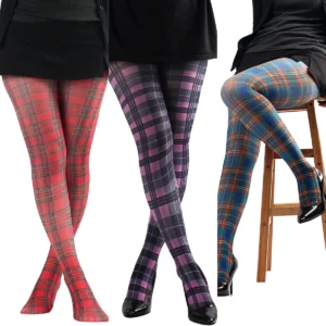 Collants semi-opaques classiques à carreaux écossais pour femmes, imprimés rouge, violet, bleu et vert.