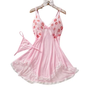 Lingerie sexy lèvres roses, robe nuisette kawaii, nuisette en dentelle transparente pour femme, pyjama érotique à col en V doux avec string