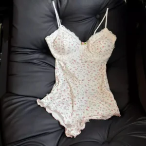 Combinaison moulante sexy à imprimé floral pour femme, sans manches, avec bordure en dentelle, style justaucorps, idéale pour l'été. Sous-vêtements et lingerie de nuit.