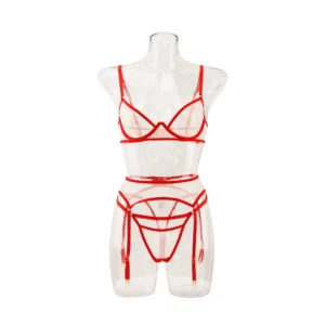 Ensemble de lingerie rouge sexy, lingerie érotique en résille transparente, ensemble trois pièces culotte et porte-jarretelles, costumes exotiques