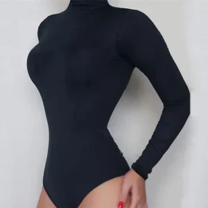 Body noir à manches longues pour femme, col roulé, style automne-hiver, combinaison moulante sexy taille haute.