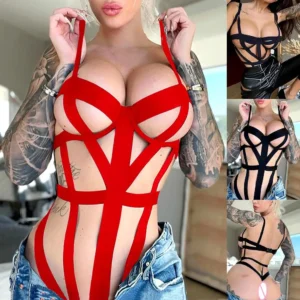Body de lingerie gothique sorcière noire pour femme, sous-vêtements érotiques ajourés à bandage, tenue de club, body à bretelles croisées, vêtements pour femme