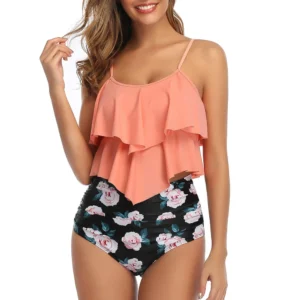 Maillot de bain deux pièces pour femme, haut à double volant et bas tankini taille haute froncé, grandes tailles