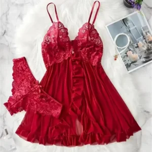 Ensembles de lingerie rouge sexy et érotique, soutien-gorge et culotte en dentelle transparente, lingerie femme, nuisette sexy, robe babydoll