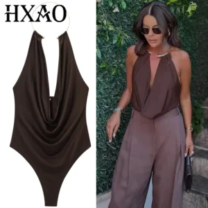 Body dos nu marron HXAO pour femme, body sexy d'été à épaules dénudées et sans manches, style string, dos ouvert, idéal pour les soirées rave.