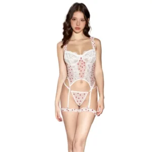 Ensemble de lingerie féminine sexy : soutien-gorge corset et porte-jarretelles, bustier en dentelle, string. Sous-vêtements érotiques pour femme, idéal pour une nuit de noces ou une nuit de couple.