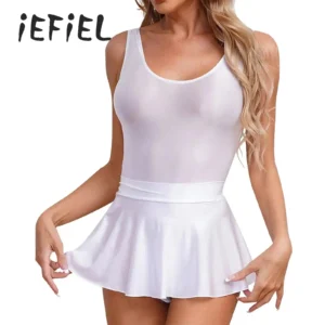 Maillot de bain deux pièces pour femme avec jupe, justaucorps brillant échancré et mini-jupe à volants, idéal pour la plage et la natation.