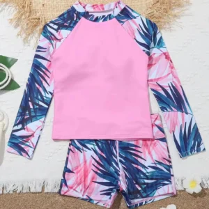 Maillot de bain fille 2024, nouveau modèle rose imprimé à manches longues, maillot de bain d'été pour enfants, short de bain pour filles