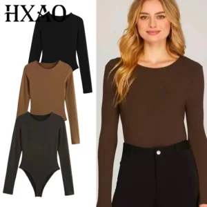 Body marron HXAO 2025 pour femme, idéal pour le printemps, sexy et à manches longues. Body noir en spandex, string de plage, tenue de rave.