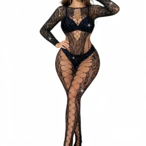 Lingerie sexy pour femme, body résille gothique coquin, tenue transparente à manches longues, nuisette érotique en strass