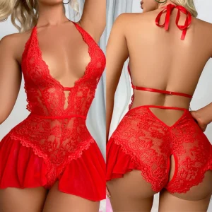 Lingerie érotique pour femme, body en dentelle transparente, costume porno, nuisette sexy, jupe courte décolletée, entrejambe ouverte.